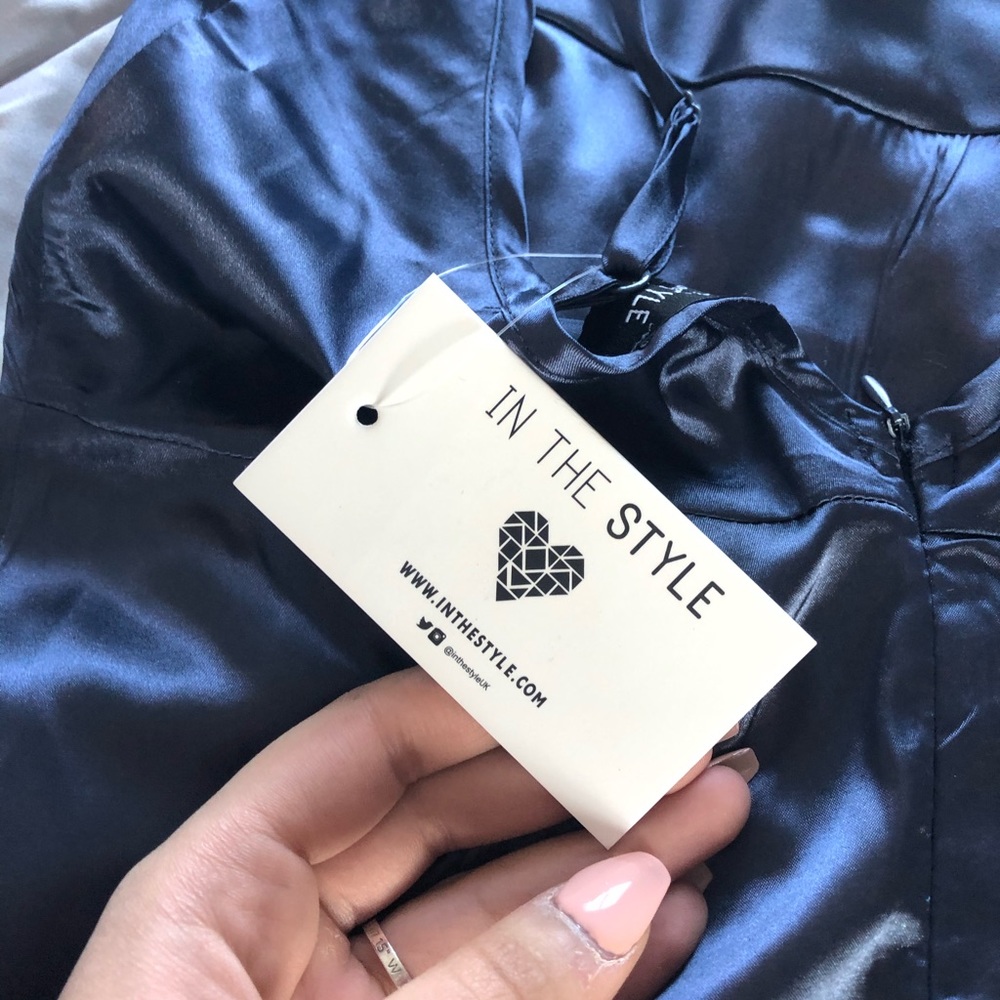 In the style cowl neck thigh slit navy slip dress